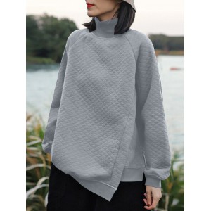 Women Rhombic Turtleneck Thic Full Sleeve Spliced Irregular Hem Pullover Sweatshirt