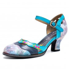  Genuine Leather Retro Buckle Fashion Floral Colorblock Comfy Mary Jane Heels
