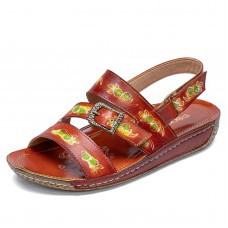  Comfy Leather Flowers Printed Retro Stripe Flat Sandals