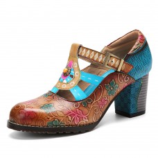  Genuine Leather Bohemian Ethnic Style Buckle Comfy Floral T  strap Heels