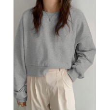 Women Long Sleeve Solid Round Necked Narrow Hem Pullover Sweatshirt