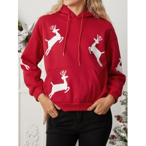 Women Christmas Printed Antler Fleece Thick Casual Hooded Sweatshirt