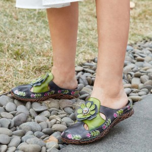  Genuine Leather Hand Made Retro Ethnic Floral Embellished Slip  On Comfortable Closed Toe Slippers
