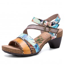  Genuine Leather Casual Bohemian Ethnic Floral Print Colorblock Comfy Heeled Sandals