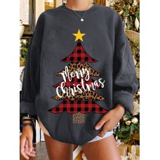 Women Christmas Tree Printed Letter Round Neck Casual Pullover Sweatshirt