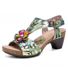  Genuine Leather Casual Bohemian Sequins T  Strap Heeled Sandals