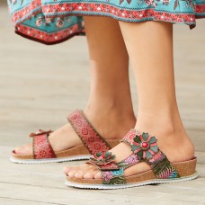  Genuine Leather Comfy Beach Vacation Bohemian Ethnic Floral Hook   Loop Outdoor Wedges Sandals