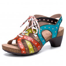  Genuine Leather Casual Bohemian Ethnic Colorblock Comfy Lace  up Heeled Sandals
