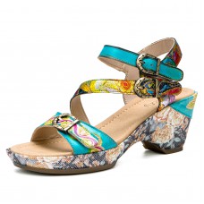  Genuine Leather Casual Bohemian Ethnic Floral Print Colorblock Comfy Heeled Stripe Sandals