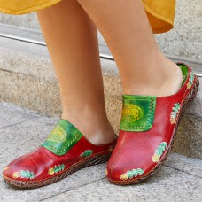  Genuine Leather Hand Made Retro Ethnic Floral Slip  On Comfortable Closed Toe Slippers