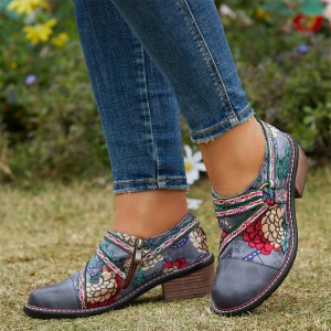  Genuine Leather Patchwork Comfy Side  zip Retro Low Heel Floral Shoes