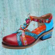  Genuine Leather Comfy Hook   Loop Retro Ethnic Low Heel Floral T  Strap Shoes