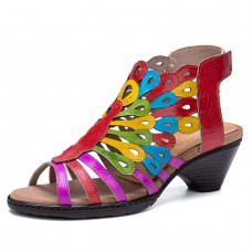  Genuine Leather Comfy Summer Vacation Bohemian Ethnic Colorblock Heeled Sandals